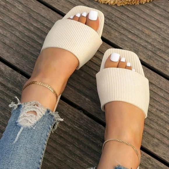 Elegant Beige Sandals For Women, Minimalist Single Band Slide Sandals - Picture 3 of 6